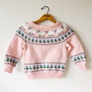 Vintage Handknit Pink Sheep + Tulip Sweater